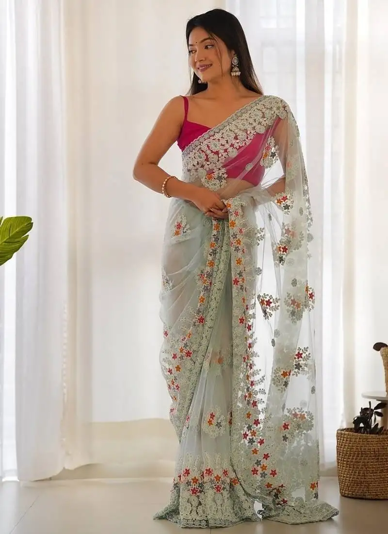 Skyblue butterfly net with chain stitch embroidered work saree with blouse