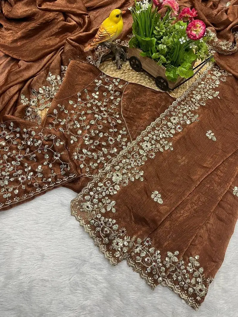 Brown fendy chiffon sequence embroidered work saree with blouse