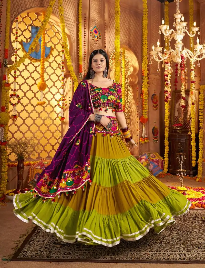 Green purple thread embroidered mirror work stitched lehenga choli
