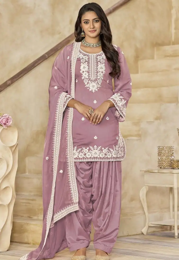 Onion pink roman silk embroidery with sequins work salwar kameez full stitched free size semi stitched