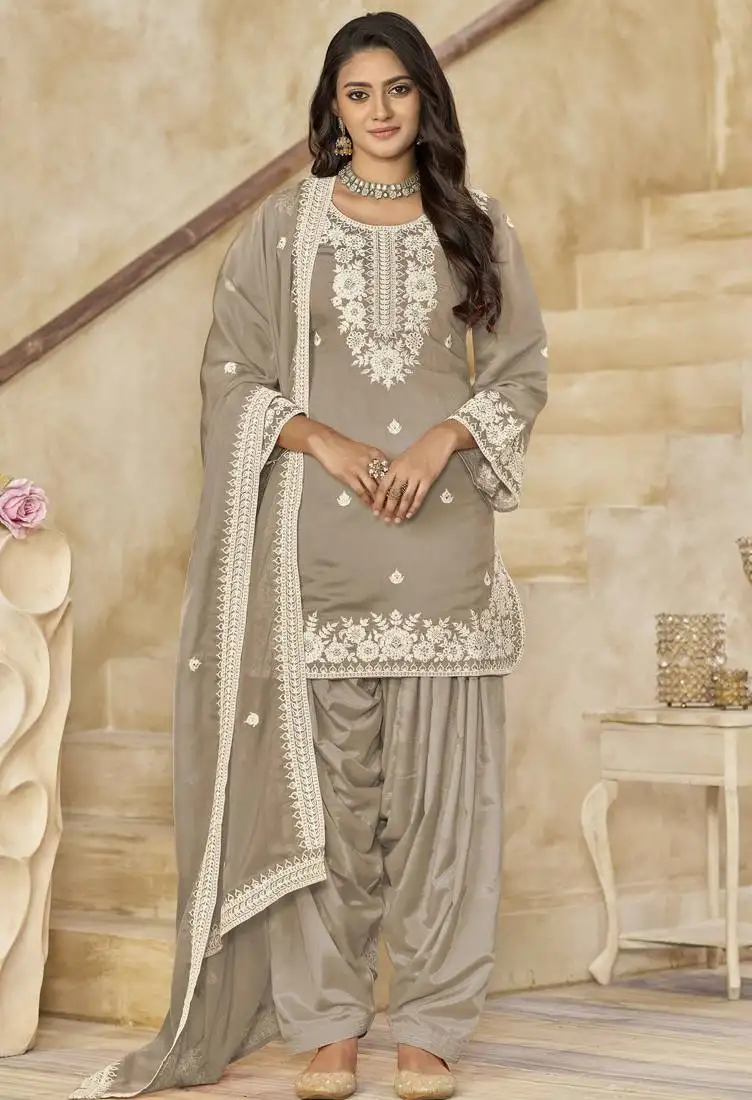 Grey roman silk embroidery with sequins work salwar kameez full stitched free size semi stitched