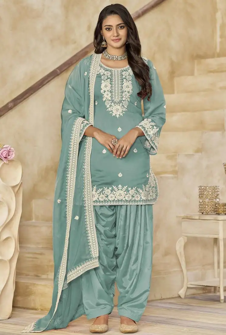 Teal roman silk embroidery with sequins work salwar kameez full stitched free size semi stitched