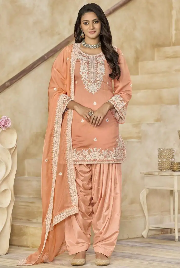 Salmon roman silk embroidery with mirror work with printed dupatta salwar kameez full stitched free size semi stitched