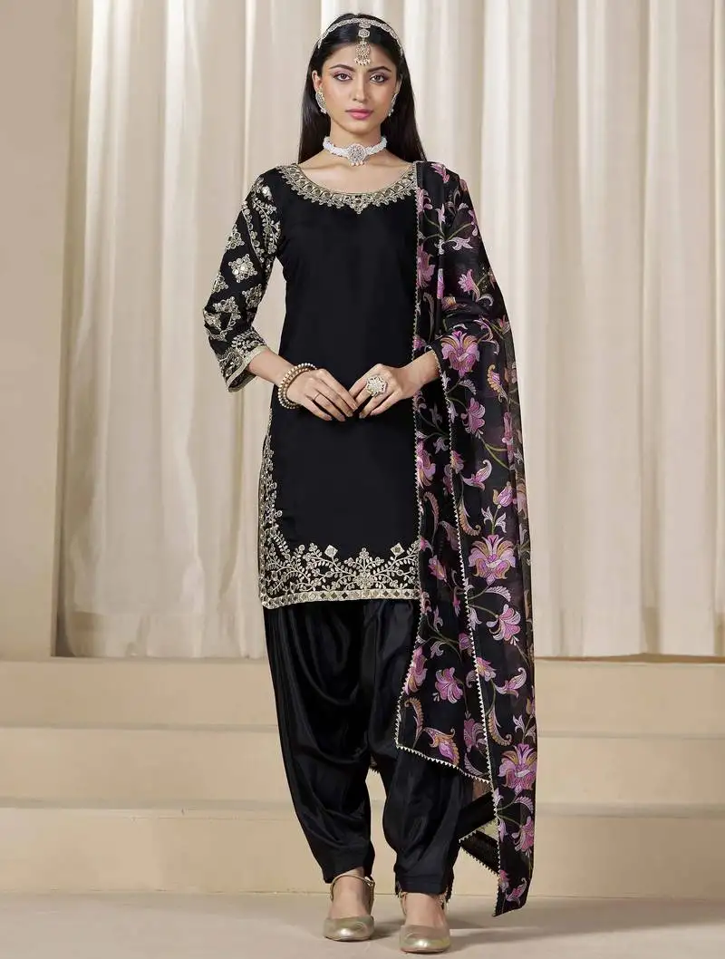 Black roman silk embroidery with mirror work with printed dupatta salwar kameez full stitched free size semi stitched