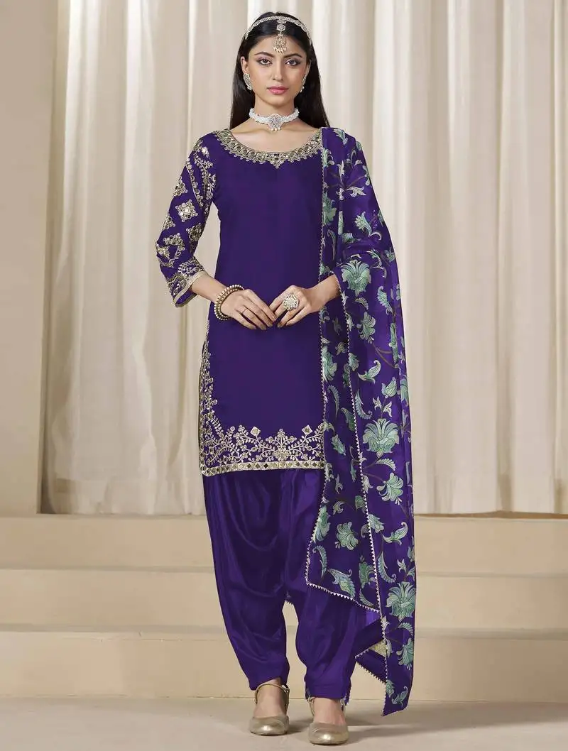 Voilet roman silk embroidery with mirror work with printed dupatta salwar kameez full stitched free size semi stitched
