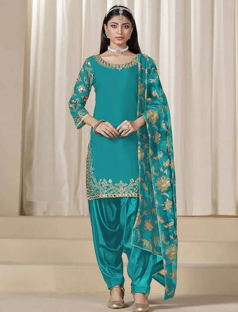 Teal roman silk embroidery with mirror work with printed dupatta salwar kameez full stitched free size semi stitched