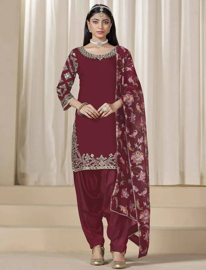 Maroon chinon embroidery zari with sequins work top palazzo with dupatta full stitched free size semi stitched