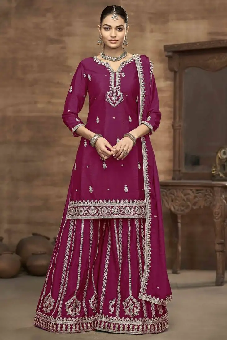 Raani pink chinon embroidery zari with sequins work top palazzo with dupatta full stitched free size