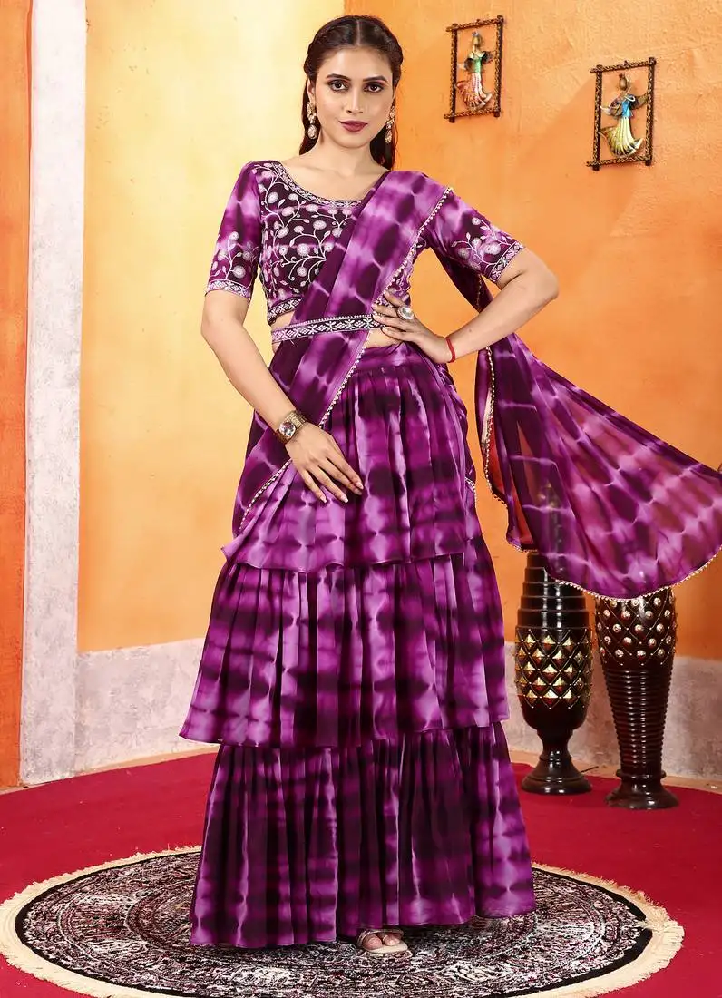 Dark wine shibori printed ruffled stitched saree moti lace embroidered sitched blouse and waist belt
