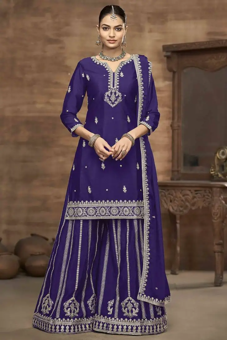 Violet chinon embroidery zari with sequins work top palazzo with dupatta full stitched free size