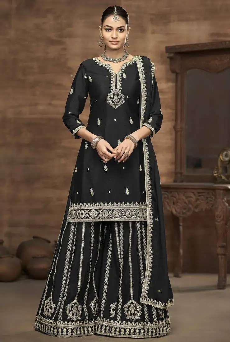 Black chinon thread embroidery zari sequins work top palazzo with dupatta stitched