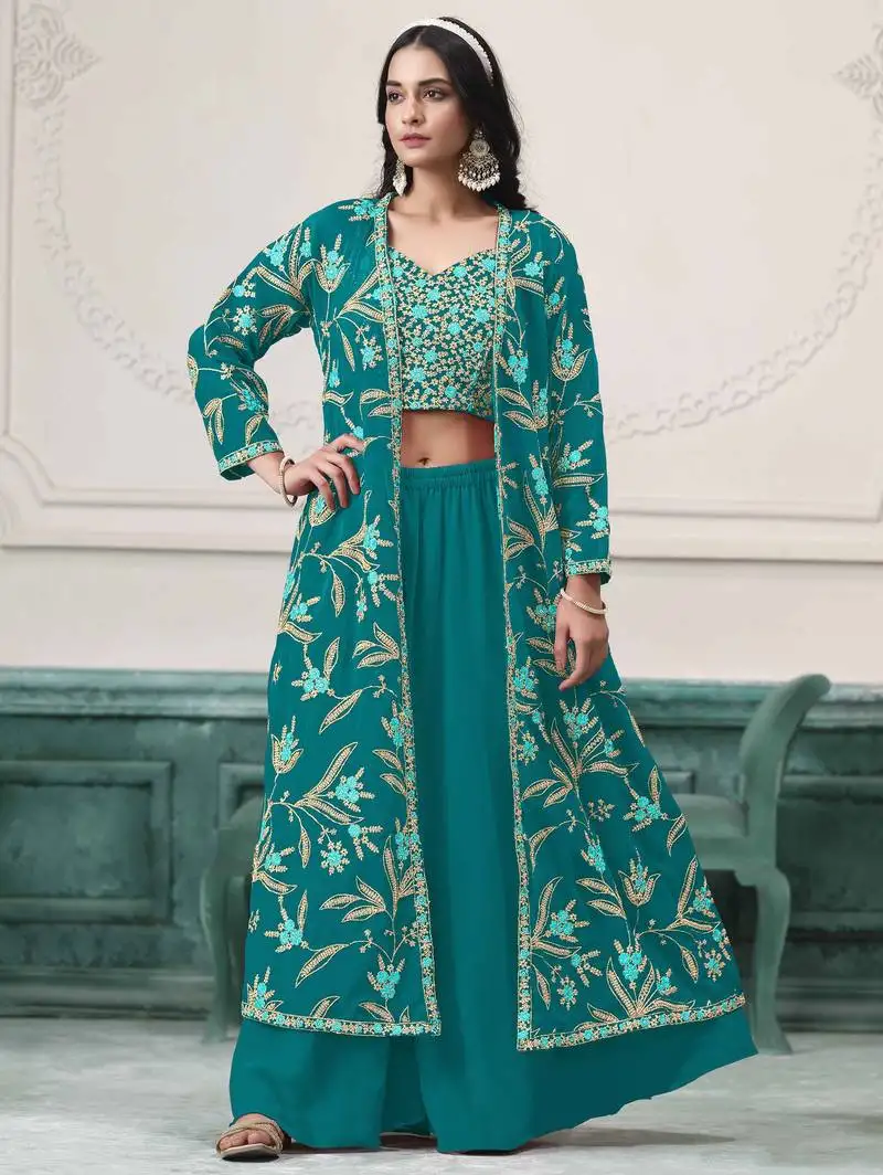 Teal faux georgette embroidery zari with sequins work top blouse with palazzo full stitched free size
