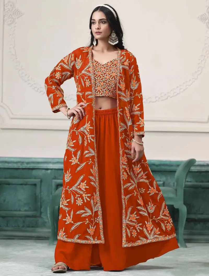Oange art silk embroidery zari work with jacquard bottom top palazzo with dupatta full stitched free size