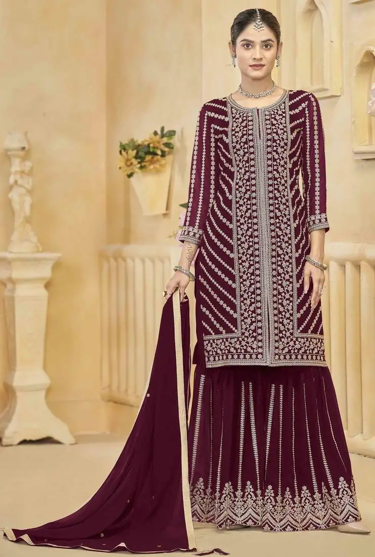 Maroon faux georgette embroidery zari work top sharara with dupatta full stitched free size