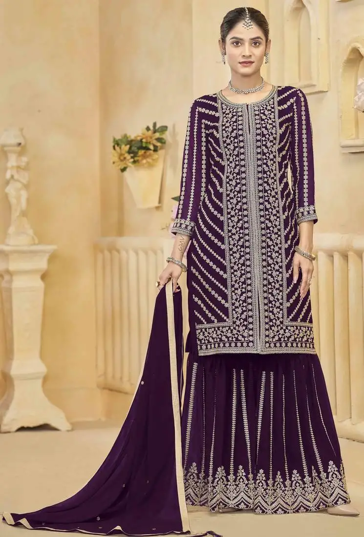 Purple faux georgette embroidery zari work top sharara with dupatta full stitched free size