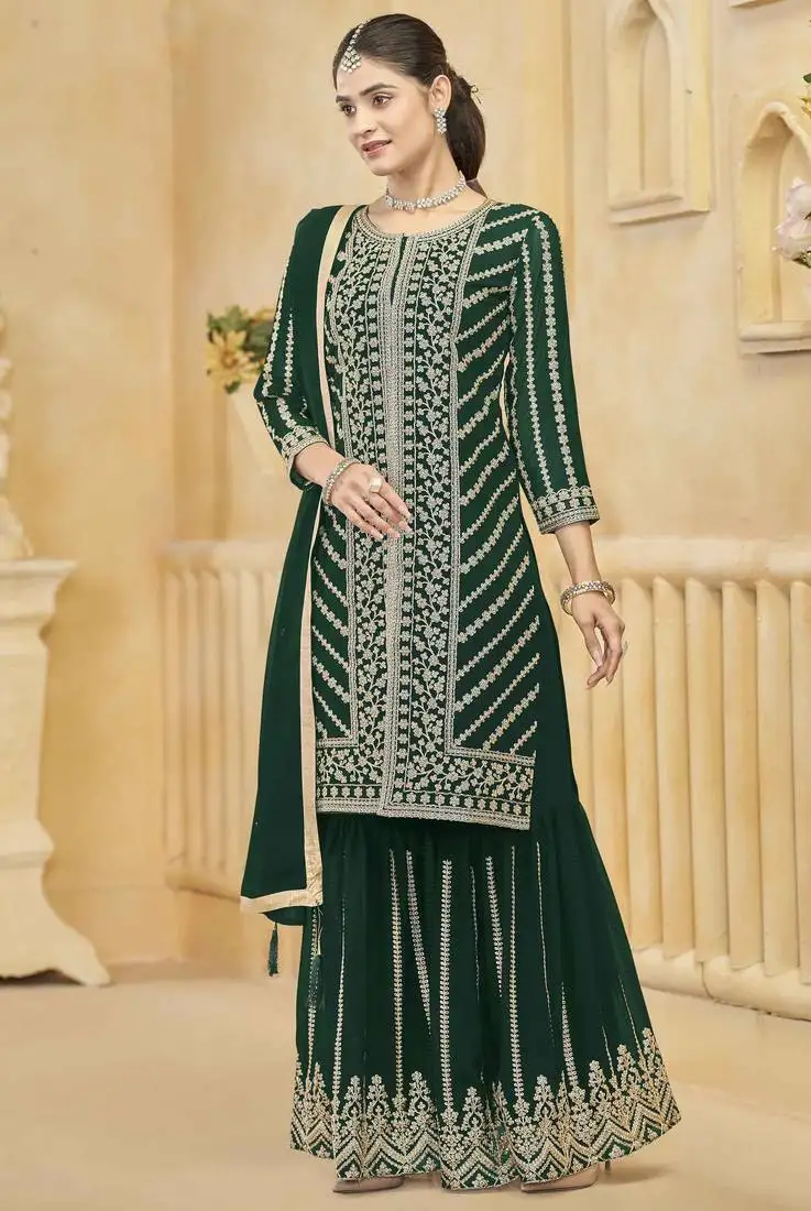 Green roman silk embroidery zari work with printed dupatta top palazzo with dupatta full stitched free size