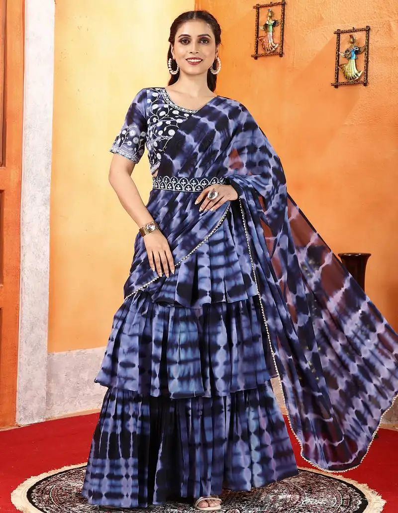 Dark blue shibori printed ruffled stitched saree moti lace embroidered sitched blouse and waist belt