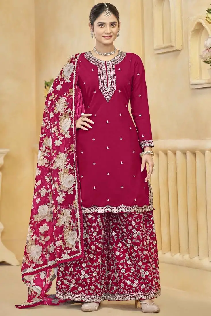 Raani pink roman silk embroidery zari work with printed dupatta top palazzo with dupatta full stitched free size