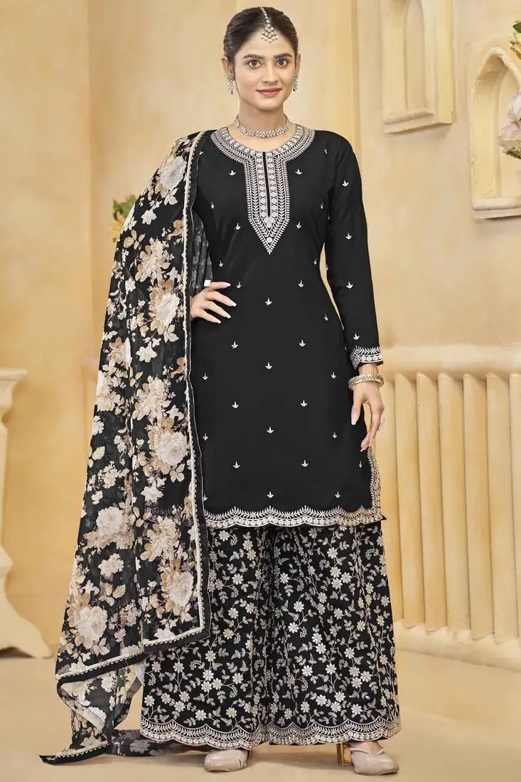 Black silk thread embroidery zari work with printed dupatta top palazzo with dupatta- full stitched free size