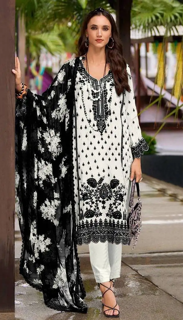 White embroidered georgette semi-stitched pakistani salwar suit semi stitched