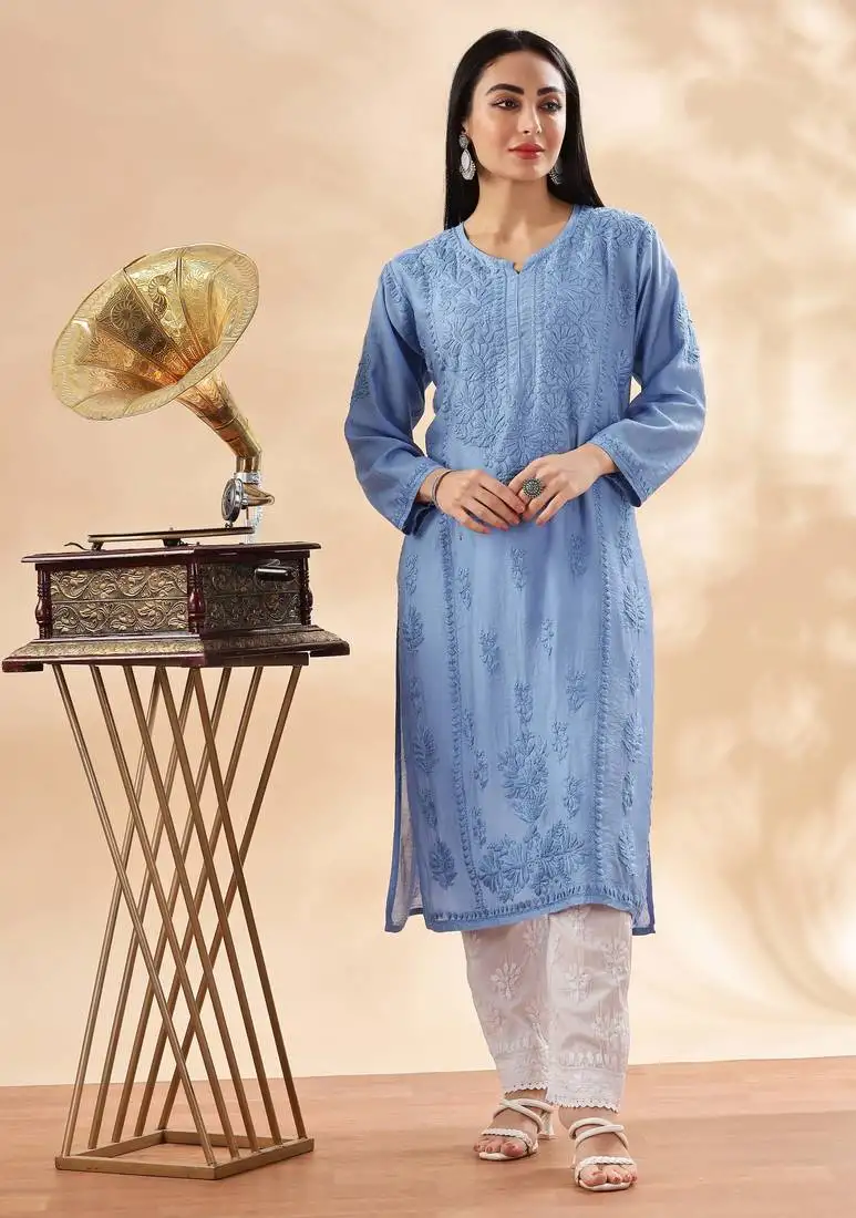 Floral embroidered chikankari straight pure cotton kurta