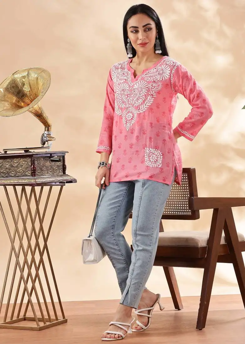 Floral embroidered chikankari pure cotton kurti