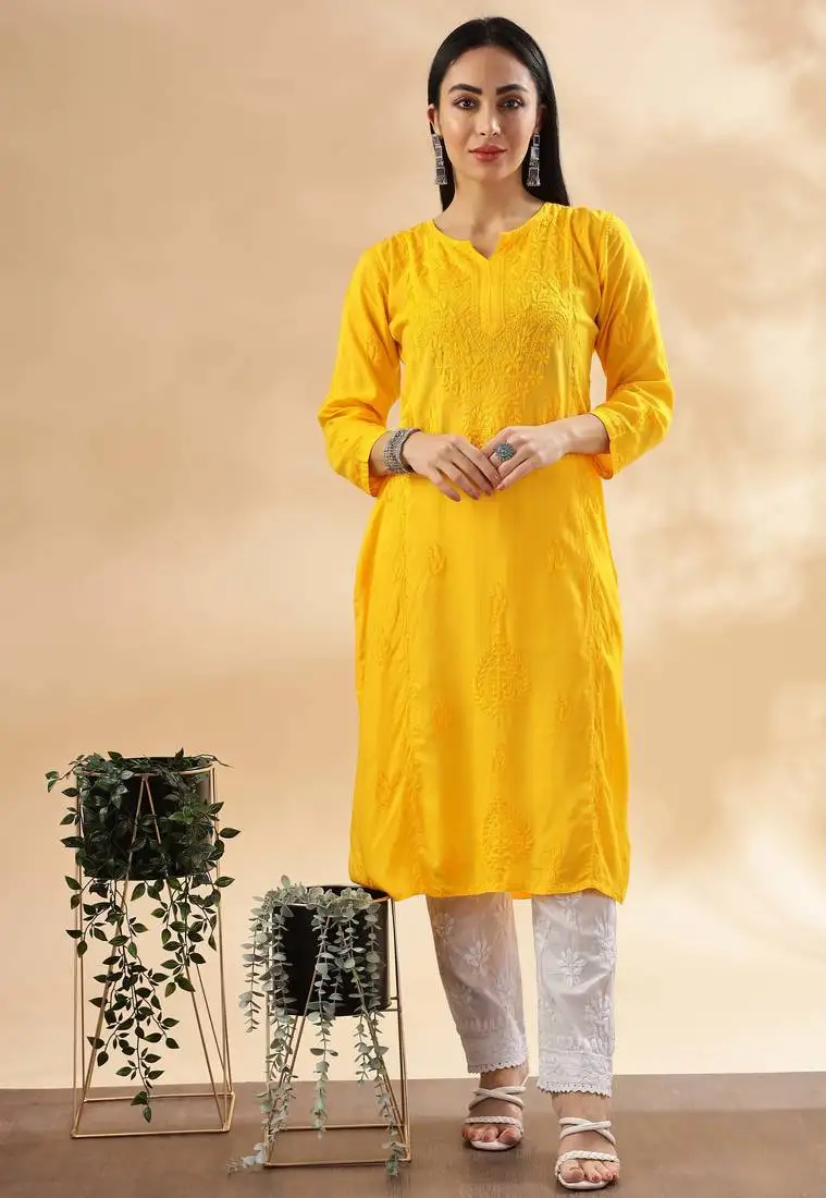 Paisley embroidered chikankari cotton straight kurta