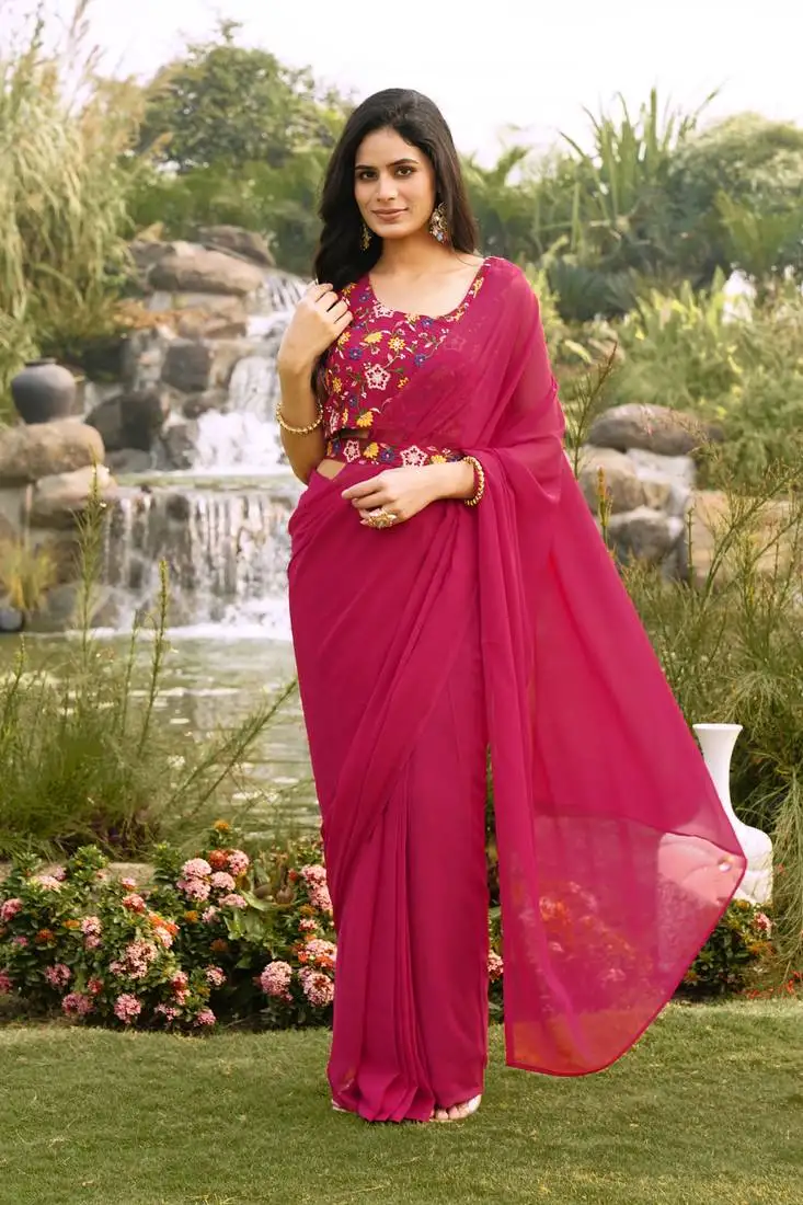 Pink ready to wear georgette saree with unstitched embroidered blouse and waist belt