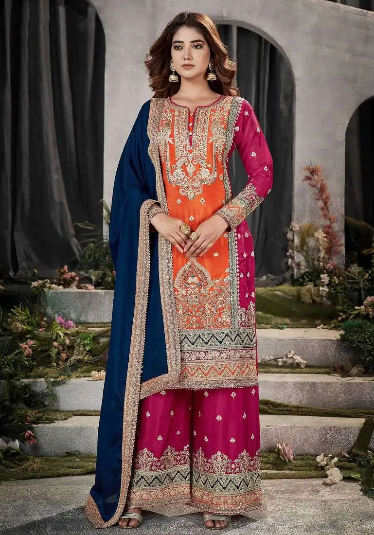 Multi embroidery & mirror work chinnon straight palazzo suit - full stitched suit