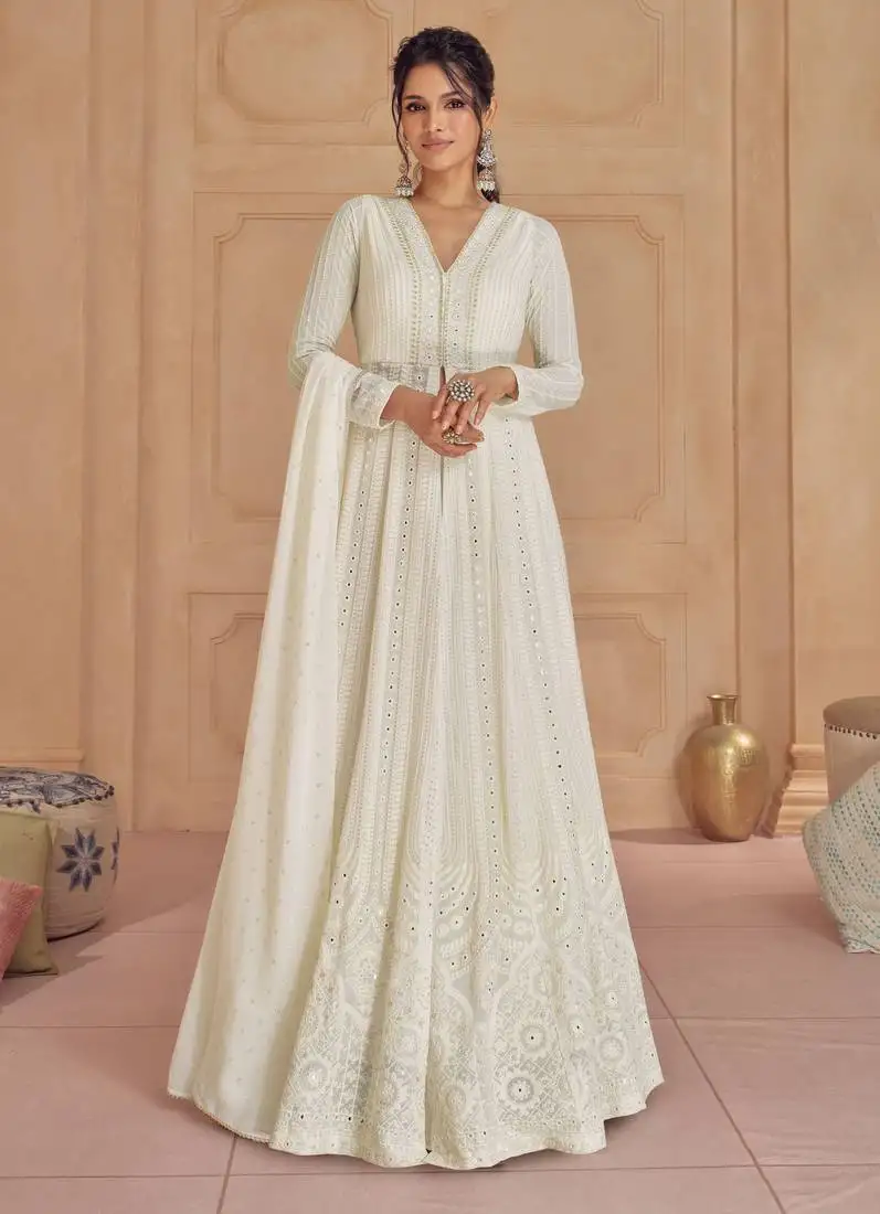 White embroidered & sequins work georgette anarkali suit stitched