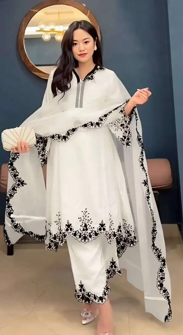 White embroidered faux georgette salwar suit semi stitched