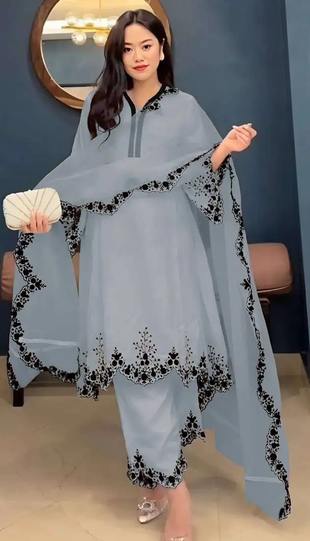 Light grey embroidered faux georgette salwar suit semi stitched