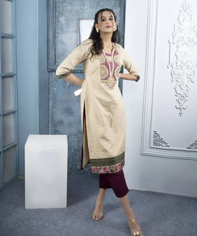 Beige embroidered silk straight cut kurta pants