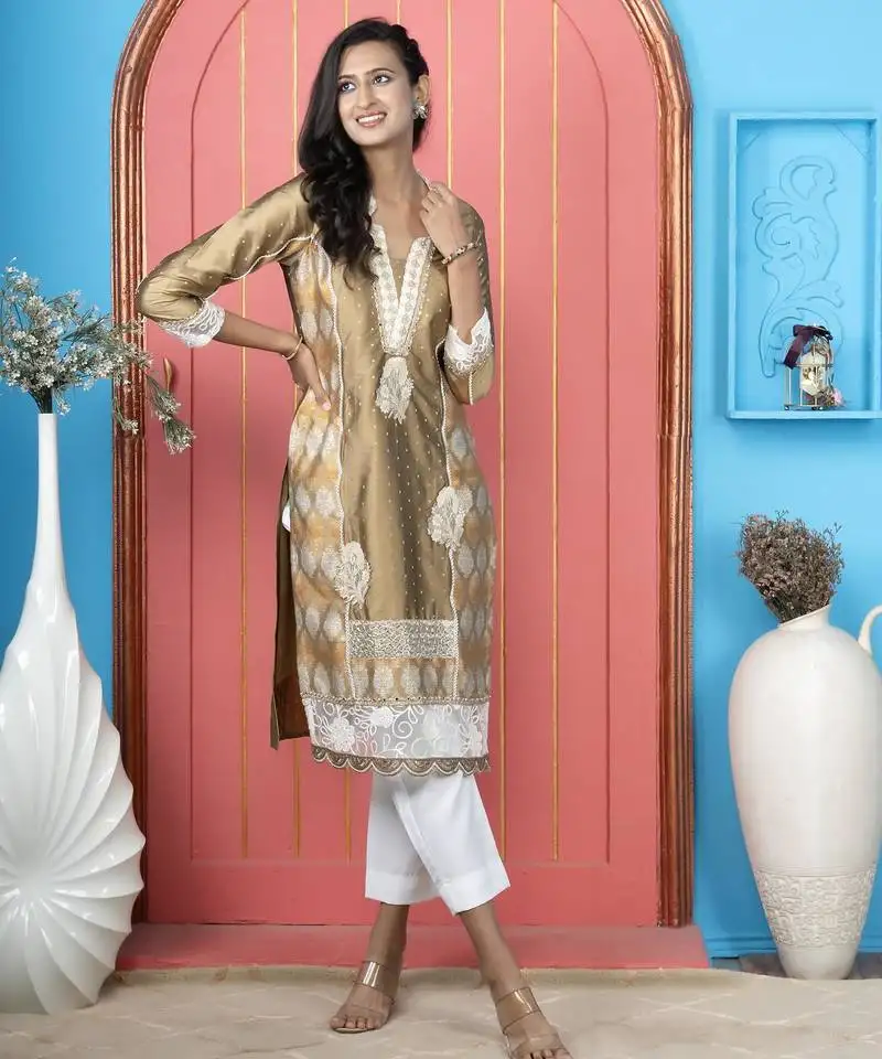 Antique gold embroidered silk straight cut kurta pants