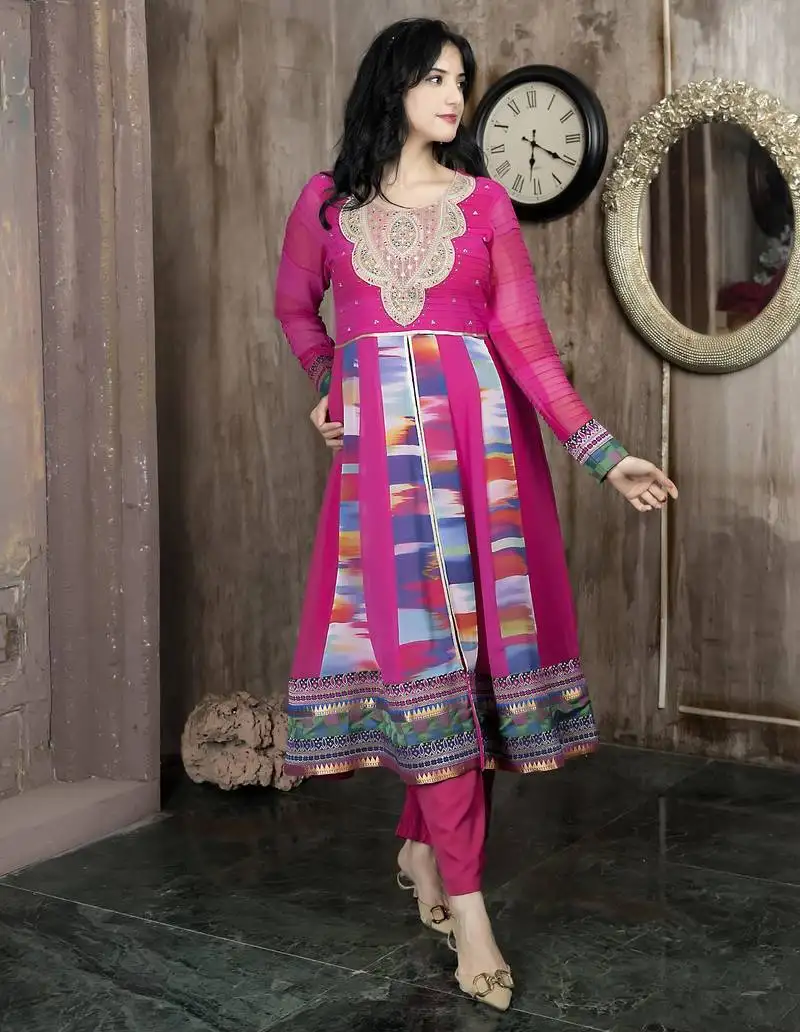 Pink embroidered georgette asymmetrical kurta culottes