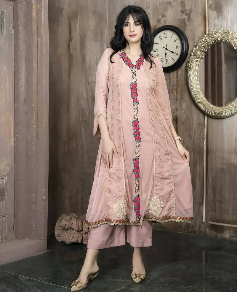 Peach embroidered net anarkali kurta culottes