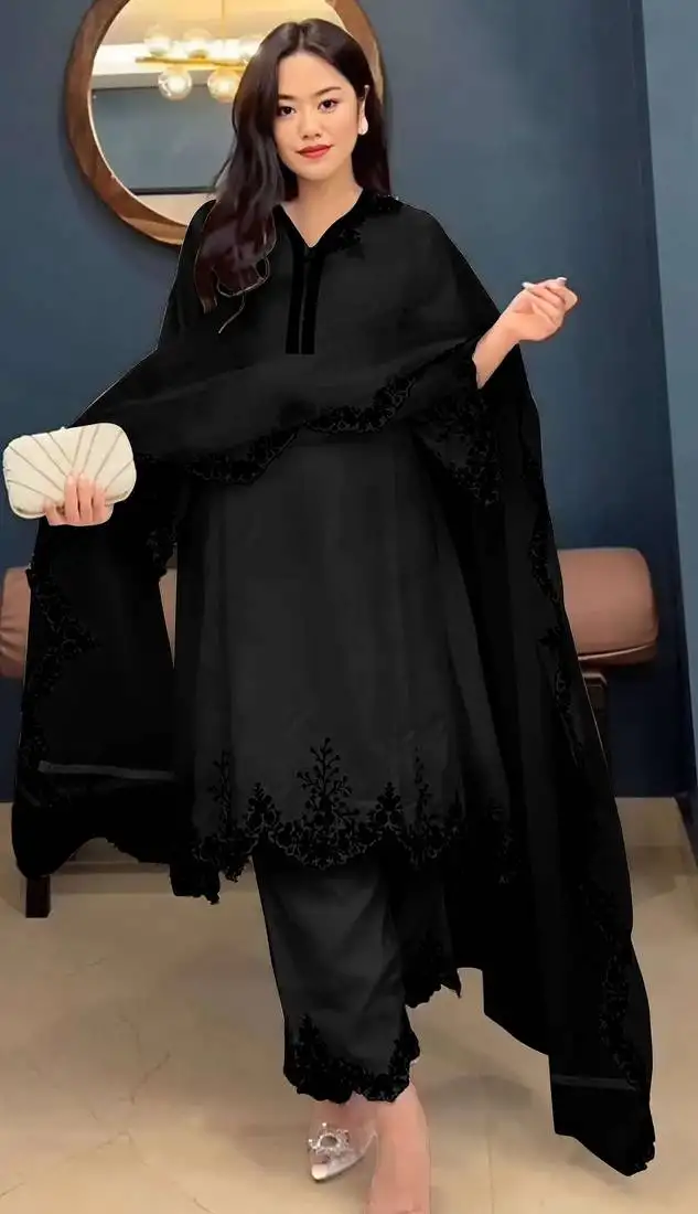 Black embroidered faux georgette salwar suit semi stitched