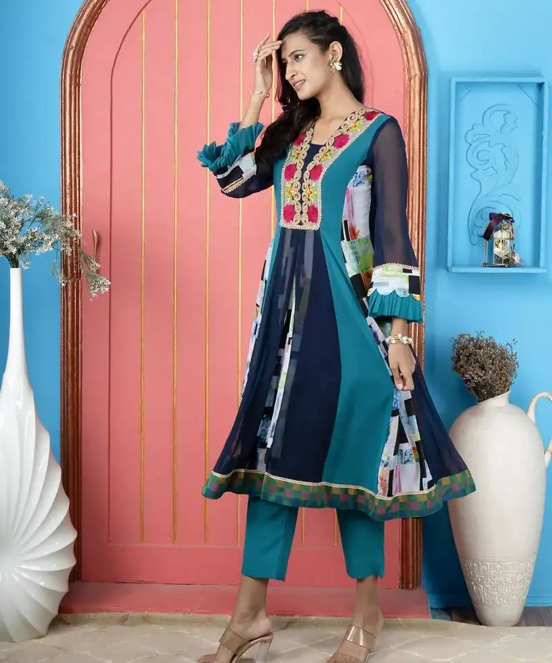 Navy-blue embroidered georgette anarkali kurta pants