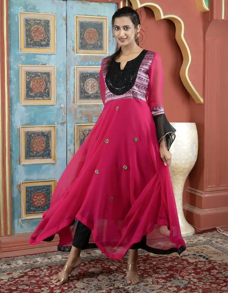Pink embroidered georgette asymmetrical kurta pants