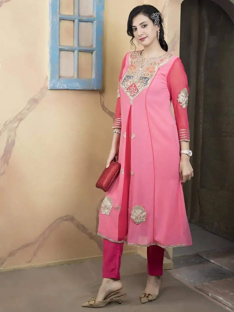 Light-pink embroidered georgette asymmetrical kurta pants