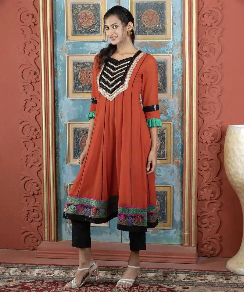 Brown embroidered georgette anarkali kurta pants