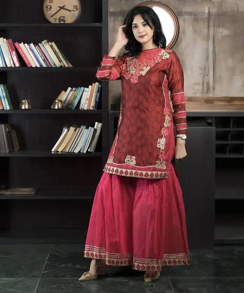 Maroon embroidered silk straight cut kurta sharara
