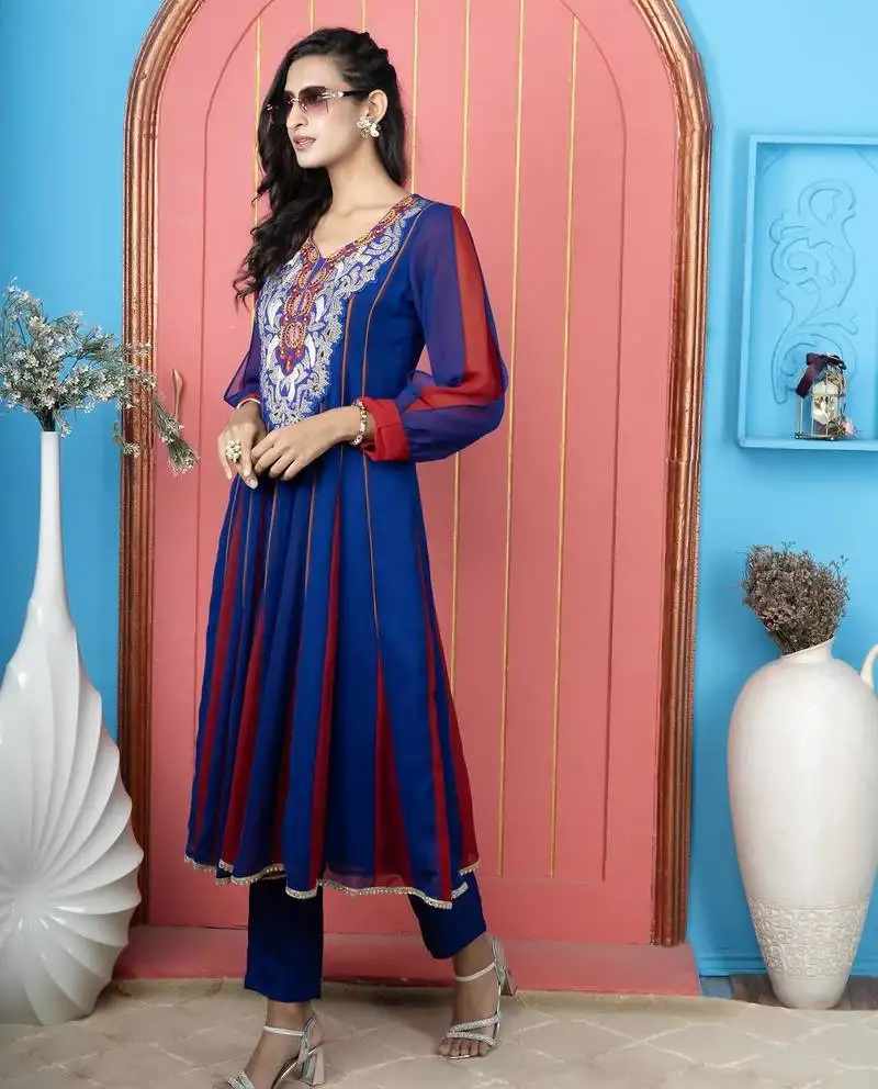 Royal blue embroidered georgette anarkali kurta pants
