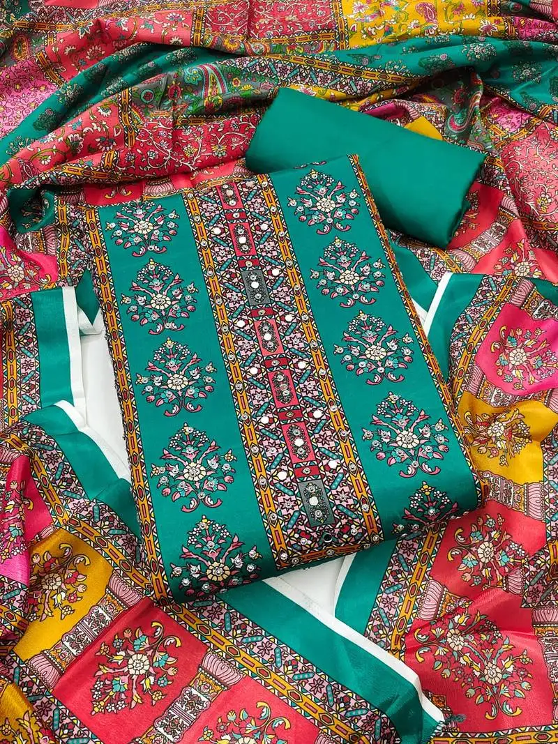 Women's multi unstitched handwork chinnon dress material