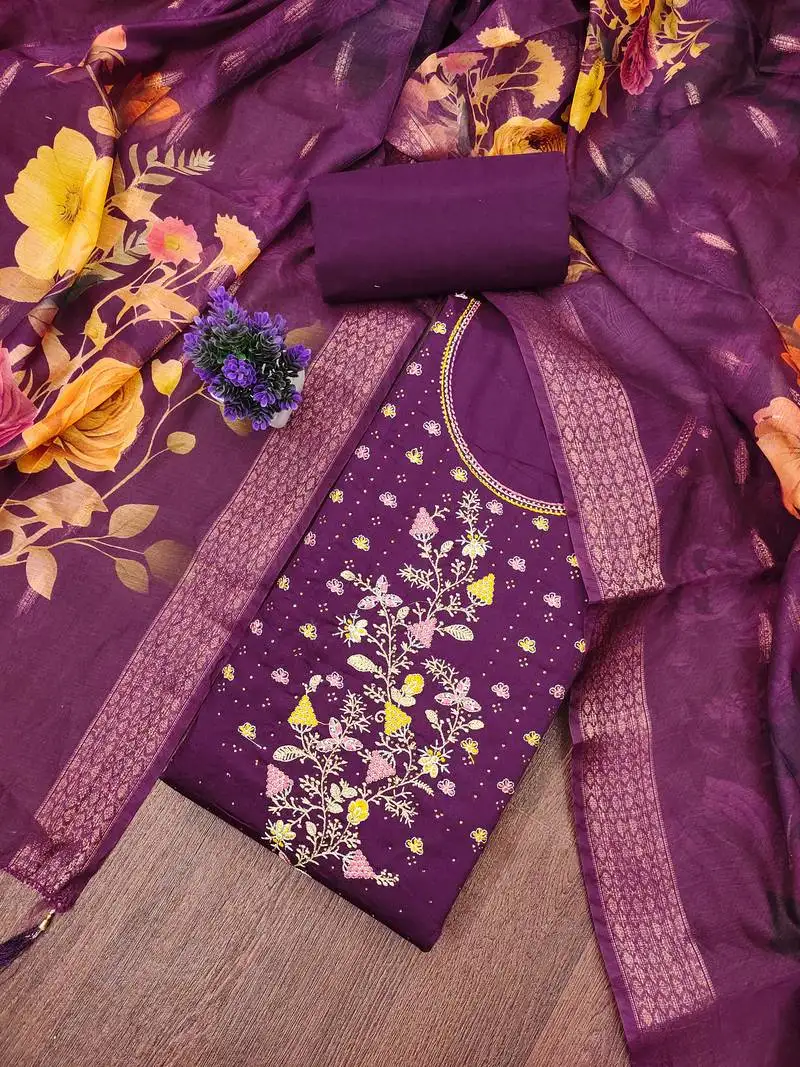 Women's purple unstitched embroiderd jaam sattin cottn dress material