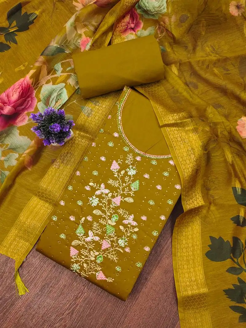 Women's light green unstitched embroiderd jaam sattin cottn dress material