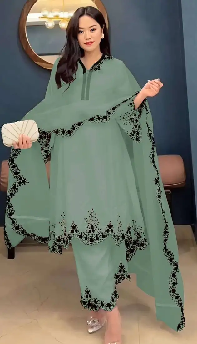 Light green embroidered faux georgette salwar suit semi stitched