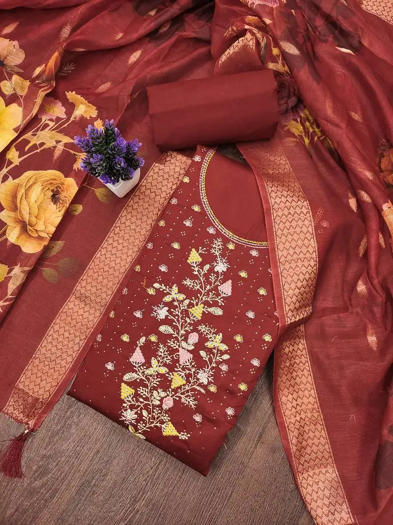 Women's maroon unstitched embroiderd jaam sattin cottn dress material