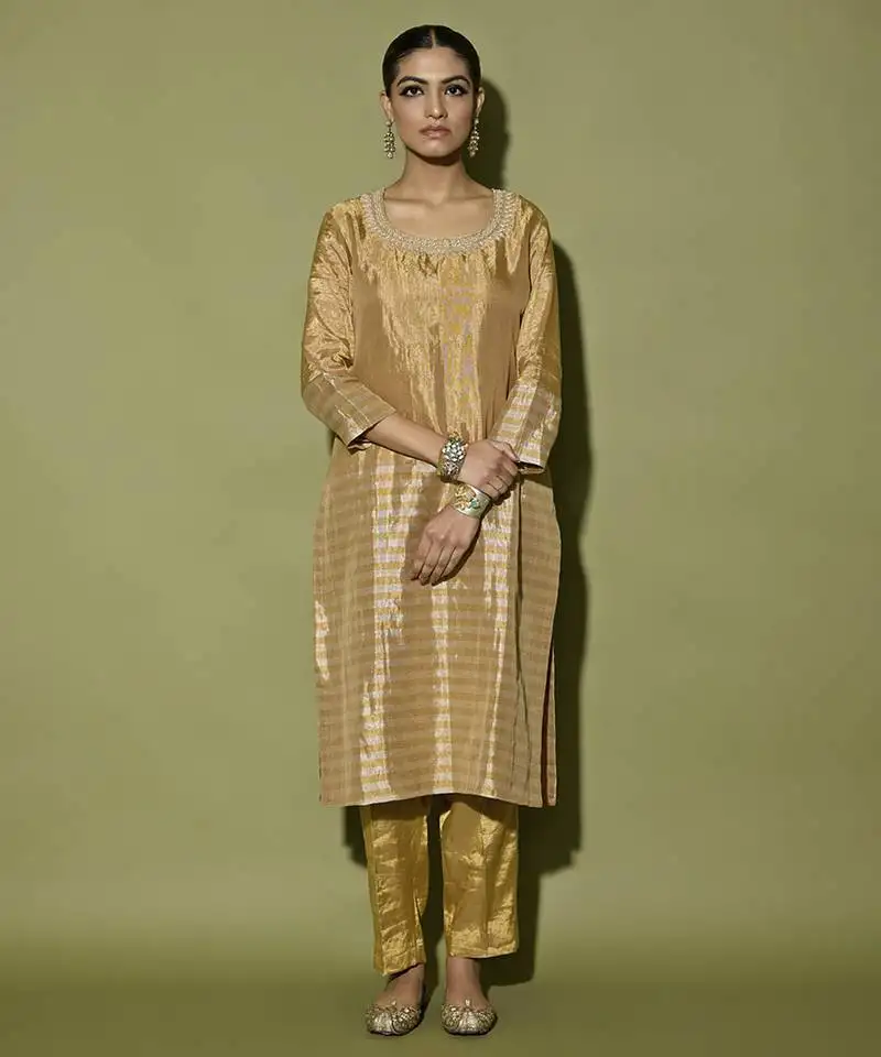 Gold plain tissue kurta with neckline embroidered and pant