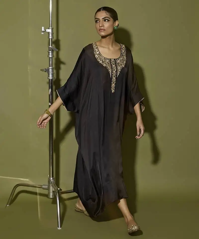 Black plain satin kaftan with pant